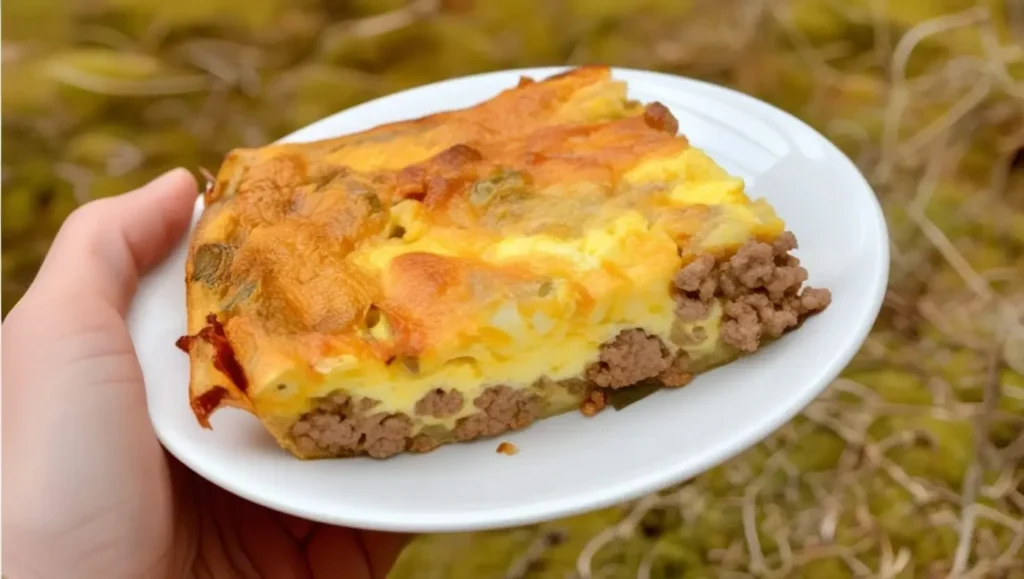 A slice of golden-brown breakfast casserole on a white plate, held outdoors with a blurred green moss background