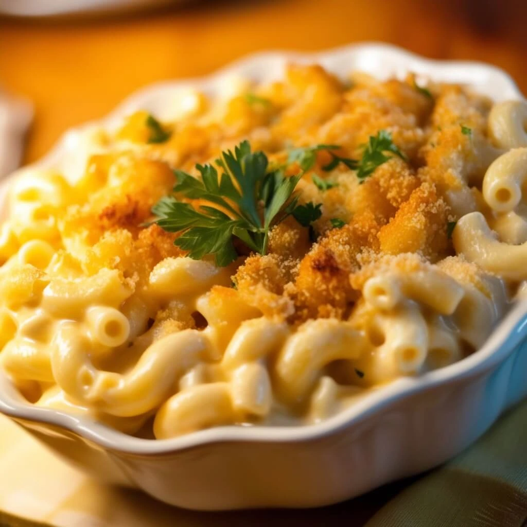 A creamy bowl of mac and cheese topped with crispy breadcrumbs and garnished with fresh parsley, served in a scalloped dish under warm lighting.
