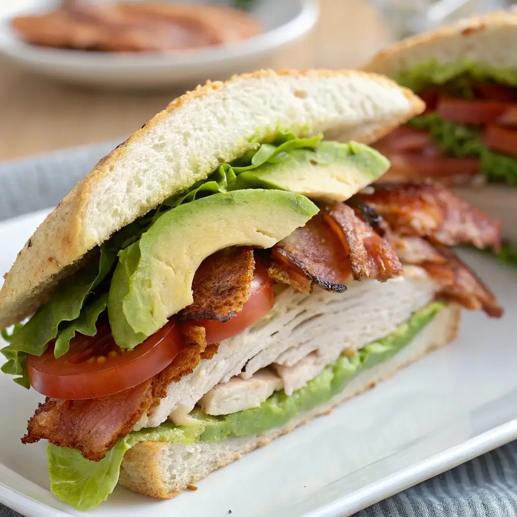 Close-up of Roasted Turkey and Avocado BLT Panera sandwich layers
