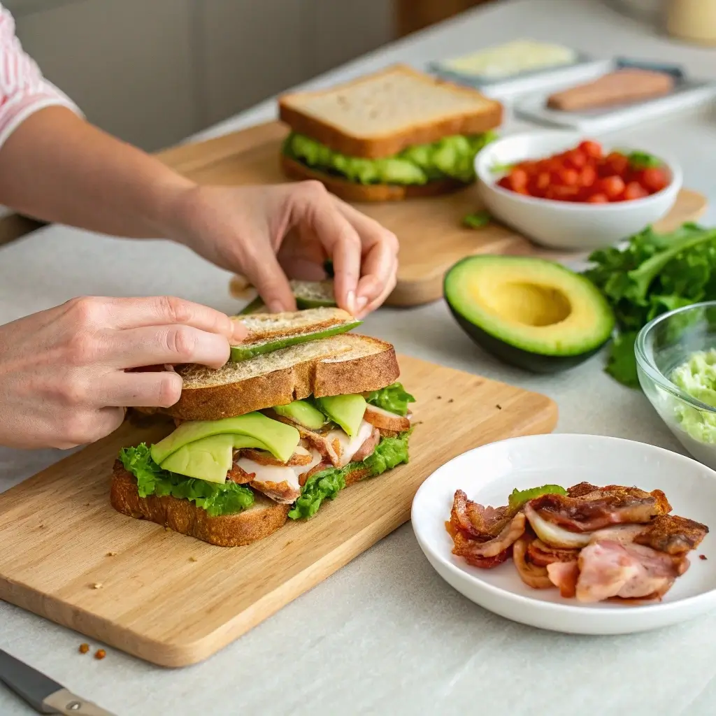 Building Roasted Turkey and Avocado BLT sandwich
