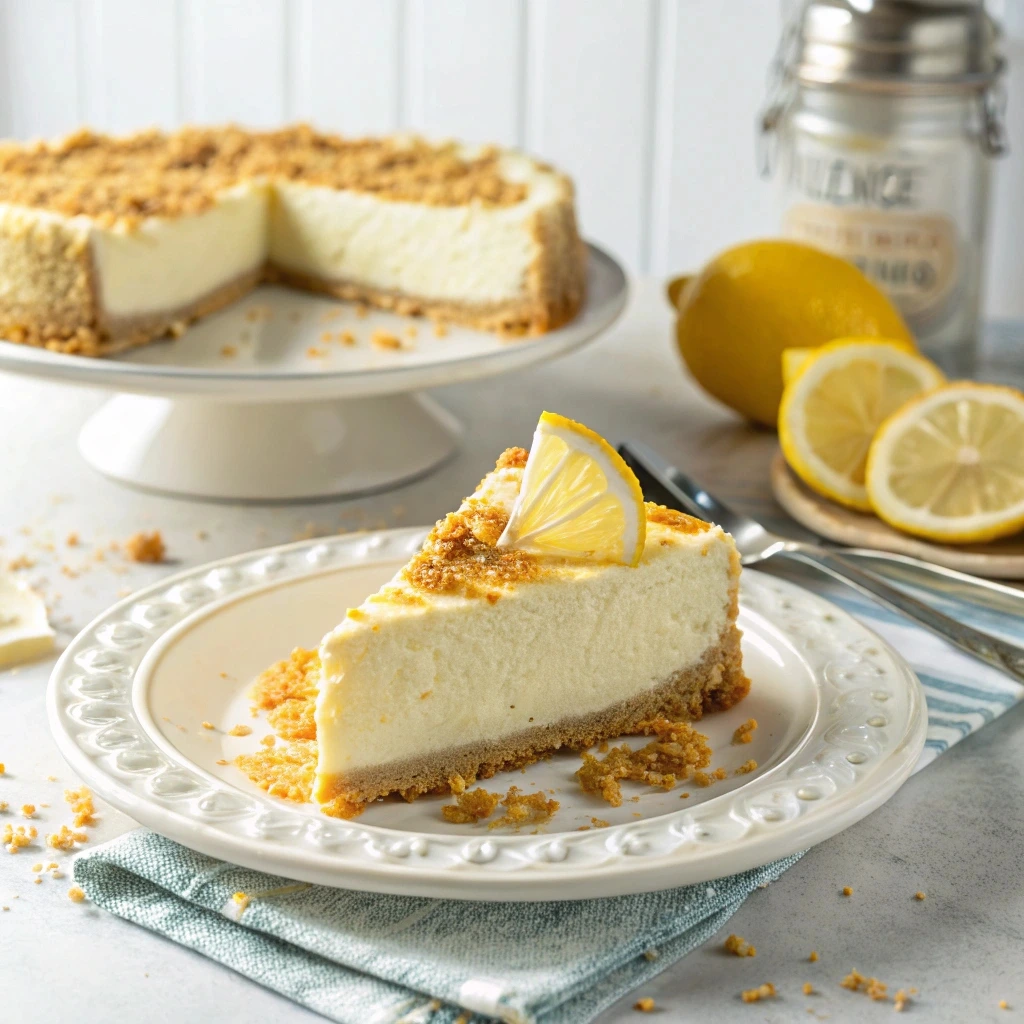 Slice of Woolworth Cheesecake with lemon garnish