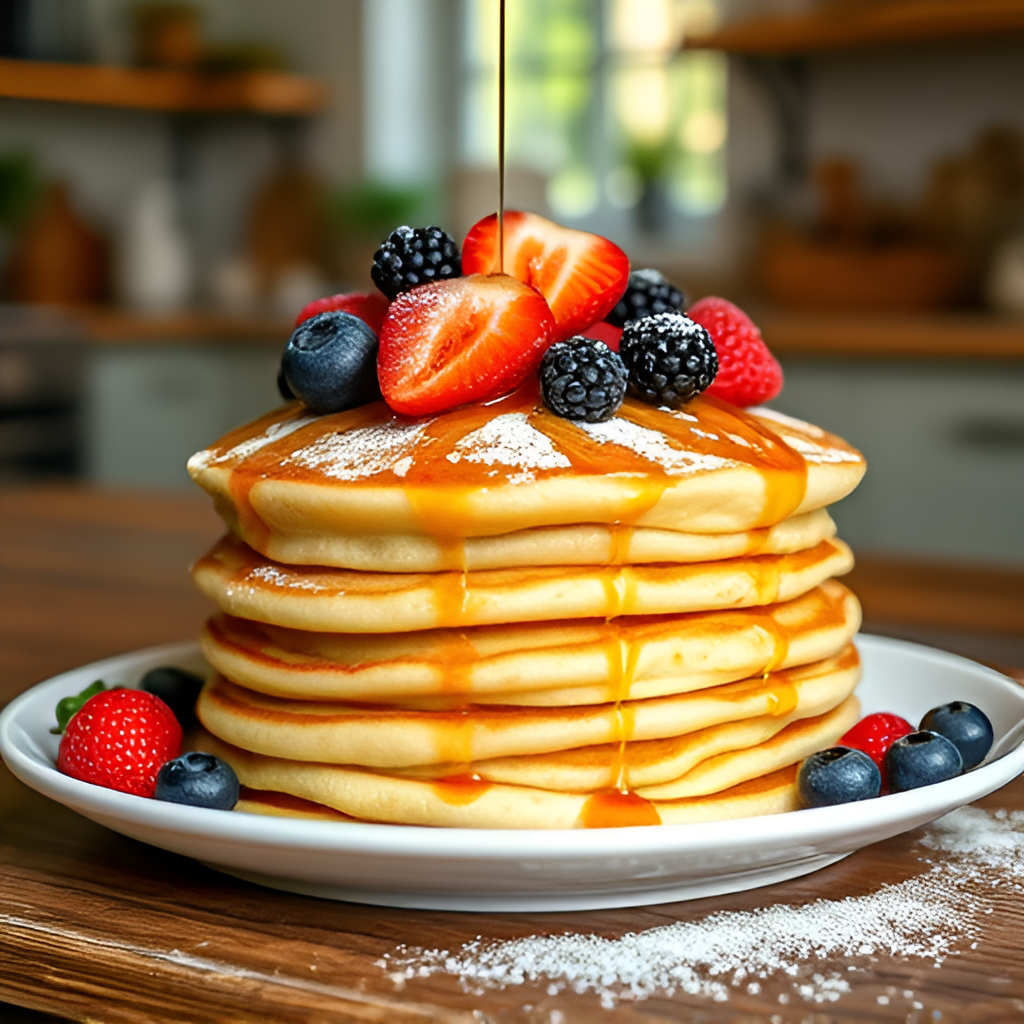 A stack of light and fluffy low calorie pancakes topped with fresh berries, sugar-free syrup, and powdered sugar on a rustic wooden table.