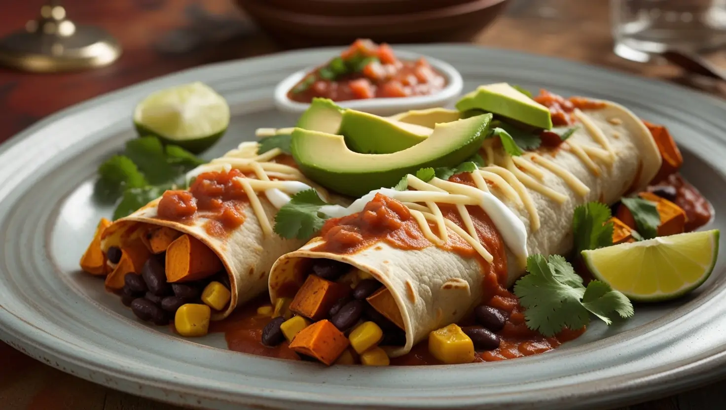 Boulder-style enchiladas filled with roasted vegetables and black beans, topped with smoky enchilada sauce, melted cheese, and garnished with cilantro and avocado.