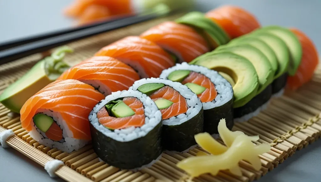 Fresh salmon avocado sushi rolls on a bamboo mat with wasabi and pickled ginger, showcasing vibrant salmon, creamy avocado, and cucumber.