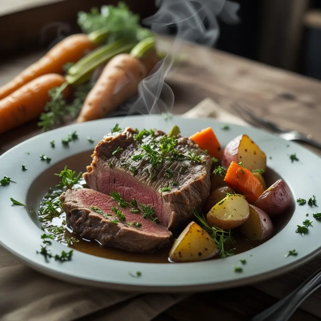 A plated dish of tender deer meat garnished with fresh herbs, served with roasted carrots and potatoes on a rustic wooden table.