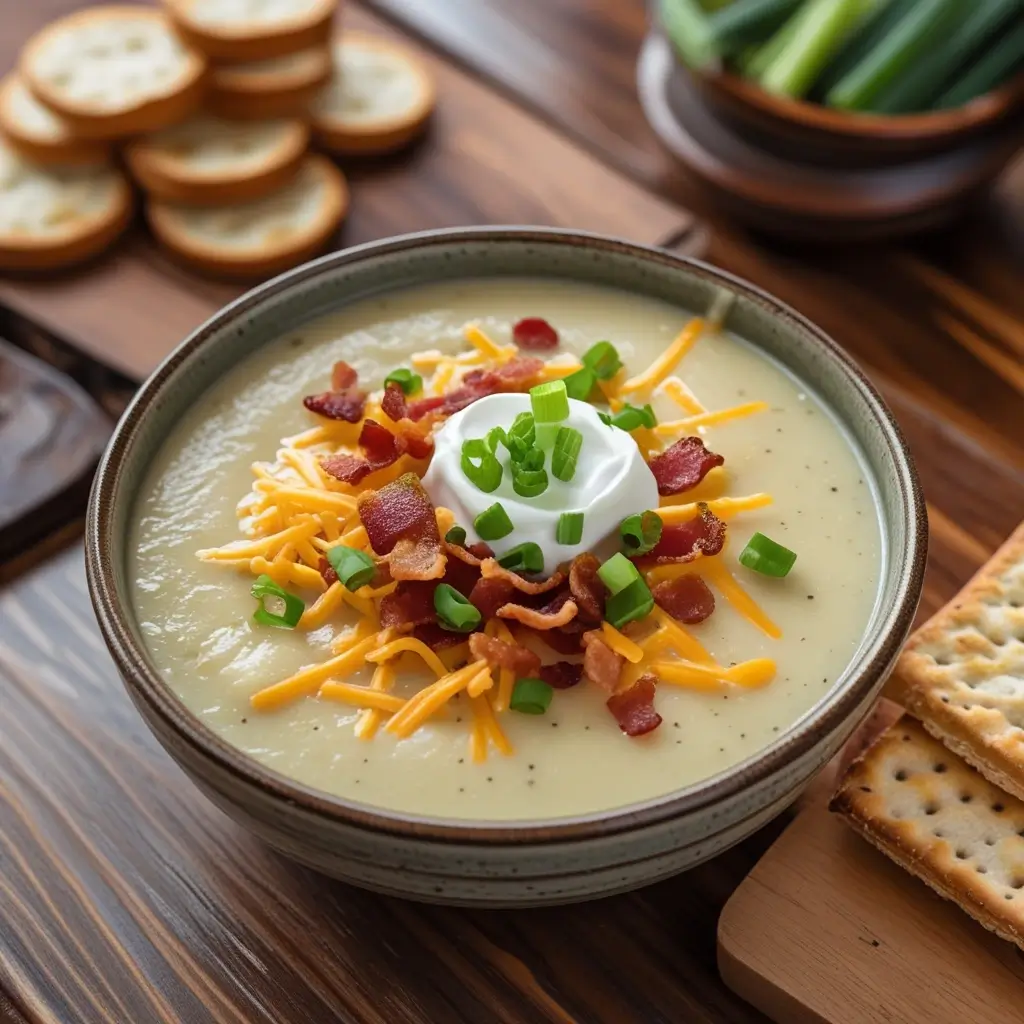 A bowl of creamy potato soup garnished with shredded cheese, bacon bits, sour cream, and green onions, served with toasted bread on a wooden table.