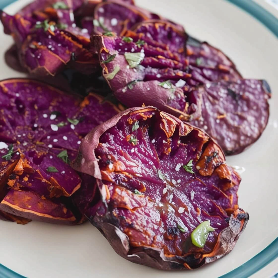 Slices of roasted Stokes purple sweet potatoes garnished with sea salt and herbs on a plate.
