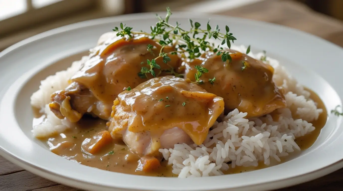 A close-up of smothered chicken and rice on a white plate, featuring tender chicken thighs covered in a creamy gravy, served over fluffy white rice and garnished with fresh thyme sprigs.