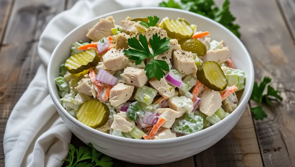 Vibrant homemade chicken salad with chopped rotisserie chicken, mayonnaise, sour cream, celery, red onion, pickles, and shredded carrots in a white bowl.