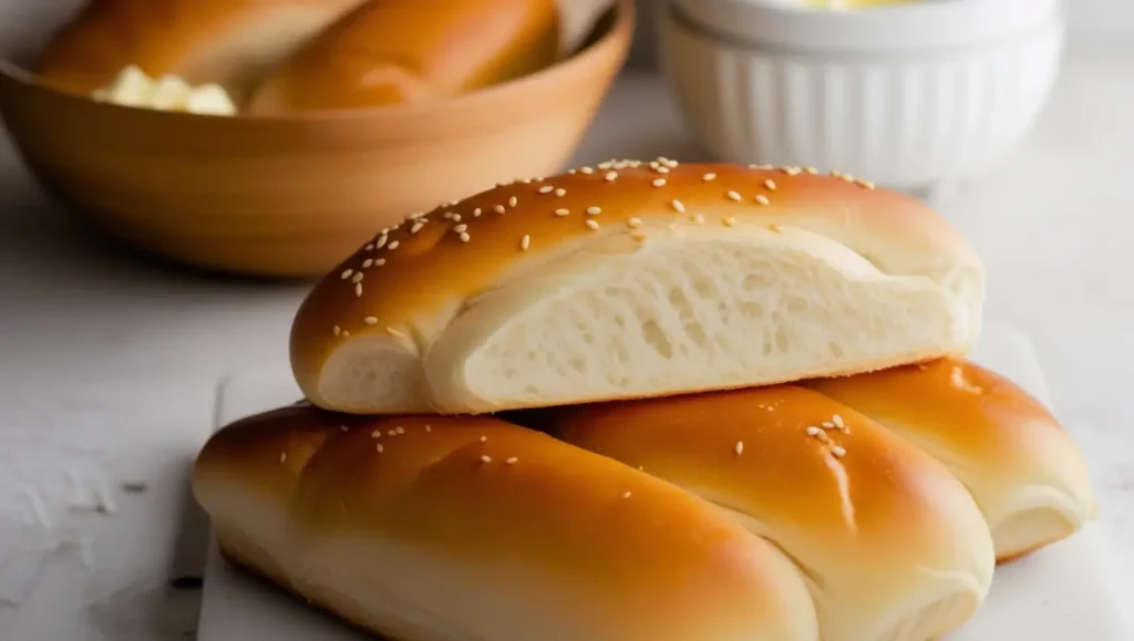 Freshly baked soft brioche hot dog buns with sesame seeds.