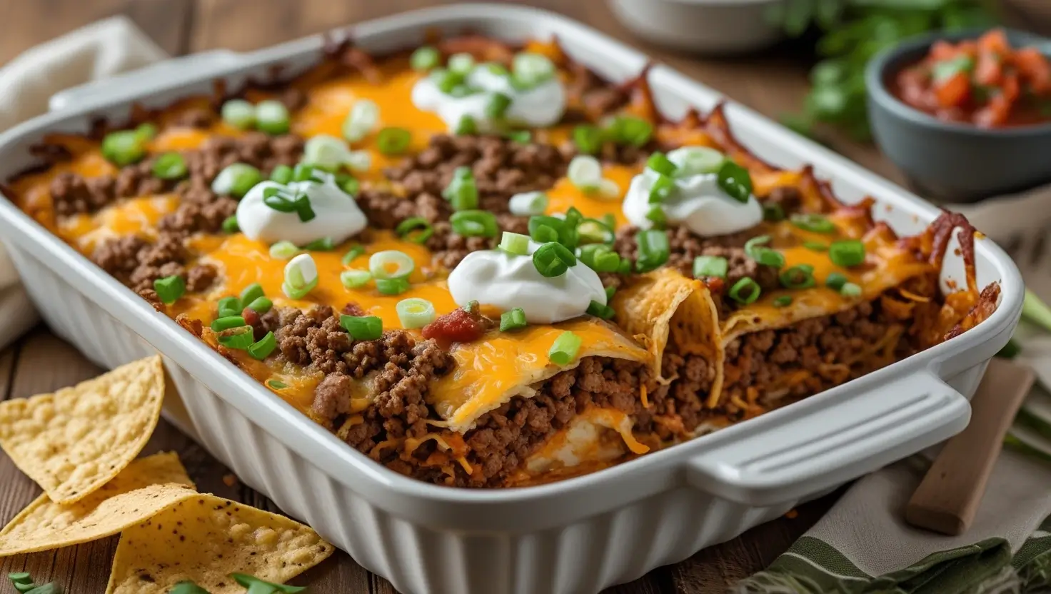 Cheesy hashbrown taco casserole with ground beef, melted cheese, and fresh toppings like sour cream and green onions.