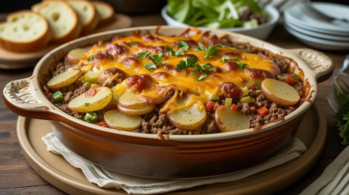 Hearty Hobo Casserole with ground meat, potatoes, cheese, and vegetables, baked to golden perfection, served with garlic bread and salad.