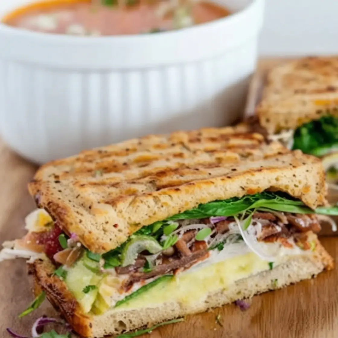 Grilled sandwich with fresh greens, avocado, and shredded meat, served alongside a bowl of tomato soup.