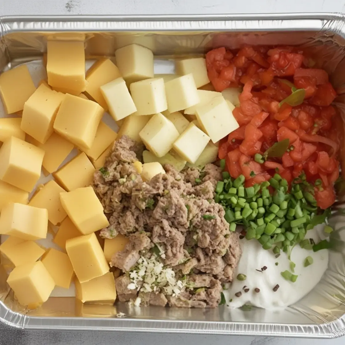 A foil container filled with diced yellow and white cheese, cooked ground meat garnished with herbs, chopped tomatoes, fresh green onions, and a dollop of sour cream.