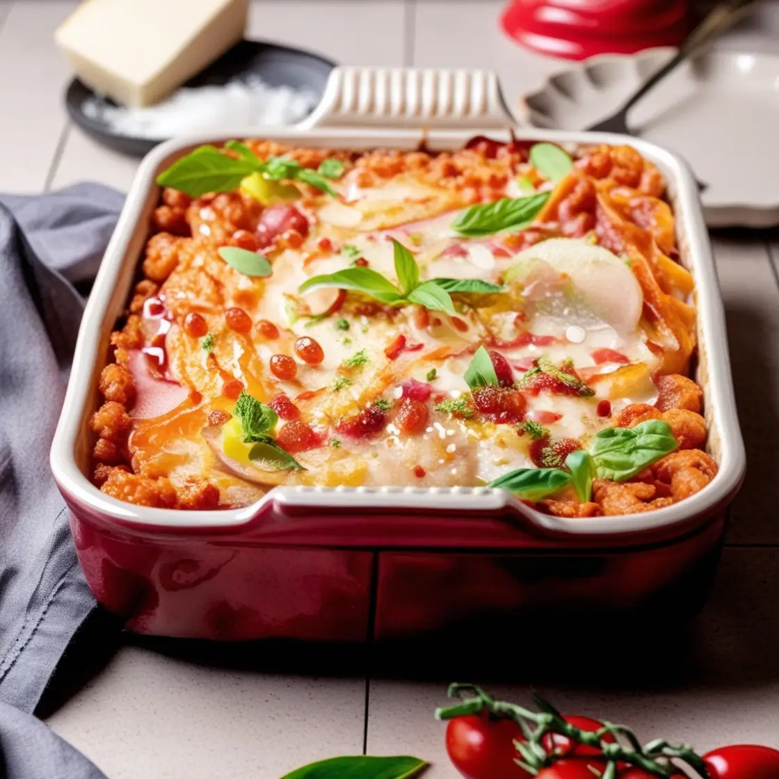 A vibrant and crispy baked pasta dish in a red ceramic baking dish, garnished with fresh basil leaves, melted cheese, and a drizzle of tomato sauce. The dish is surrounded by fresh ingredients, including cherry tomatoes and a block of cheese.