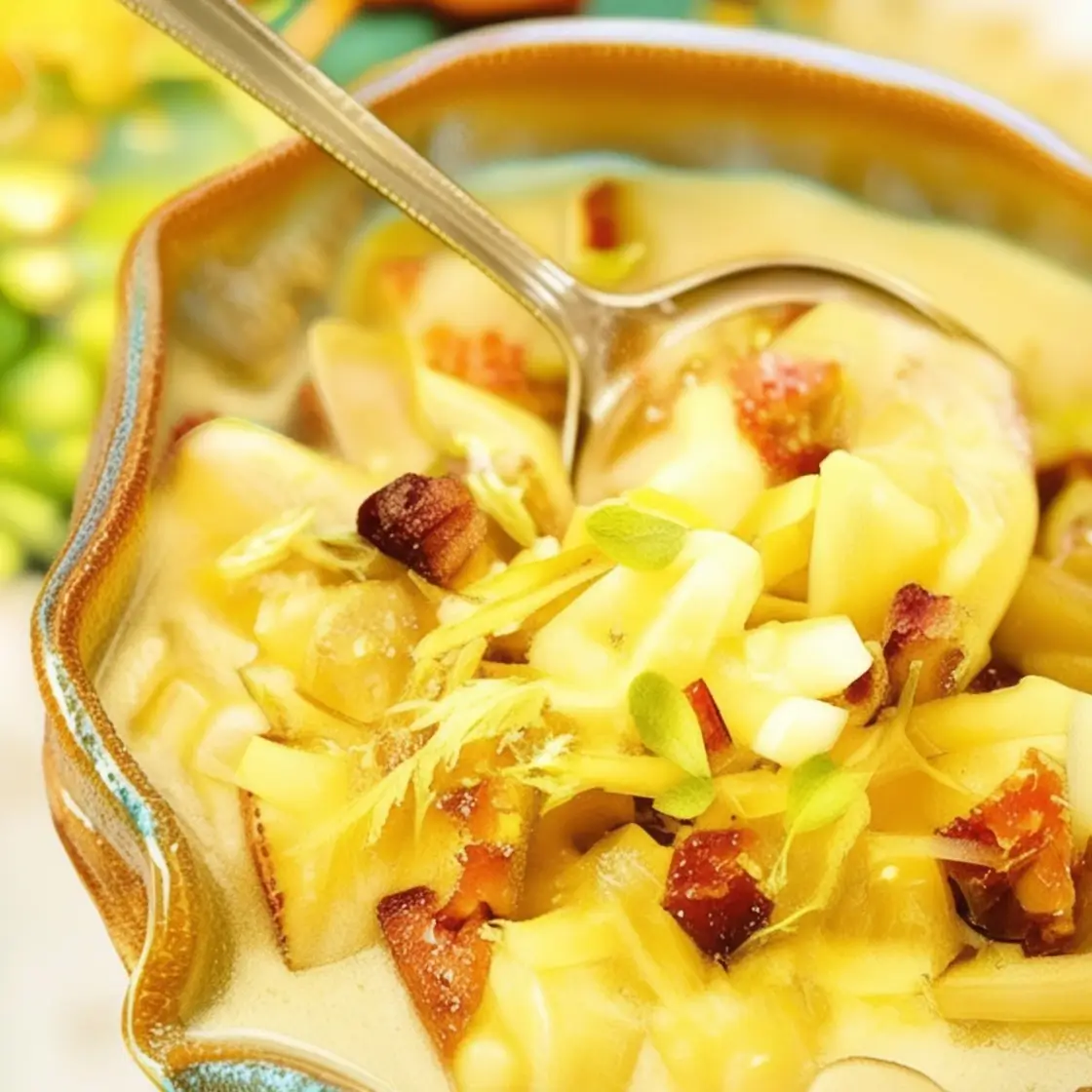 A close-up of a vibrant and creamy potato soup garnished with fresh herbs, diced apples, and crispy bits of turkey bacon, served in a rustic ceramic bowl.
