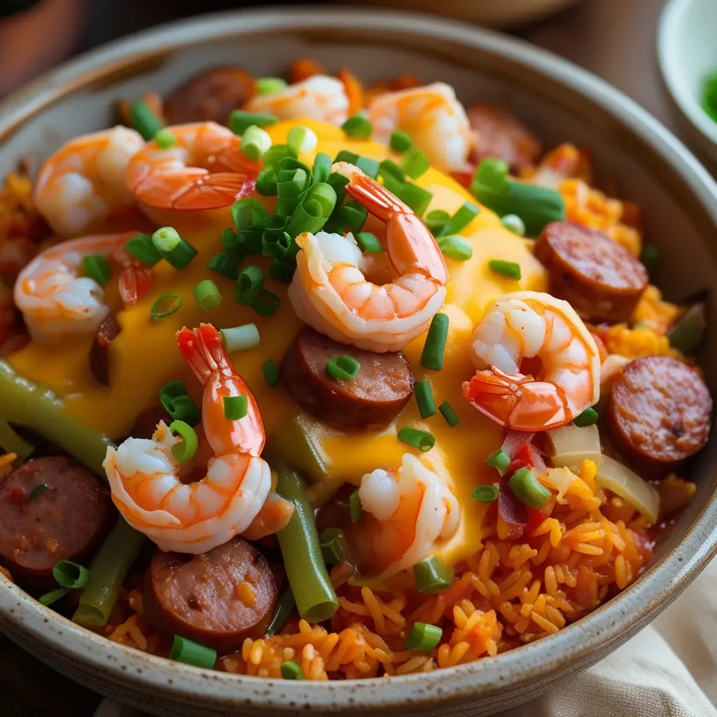 A vibrant bowl of jambalaya topped with melted cheddar cheese, sprinkled with green onions, featuring plump shrimp, smoky sausage, and colorful vegetables in a warm, rustic kitchen setting.