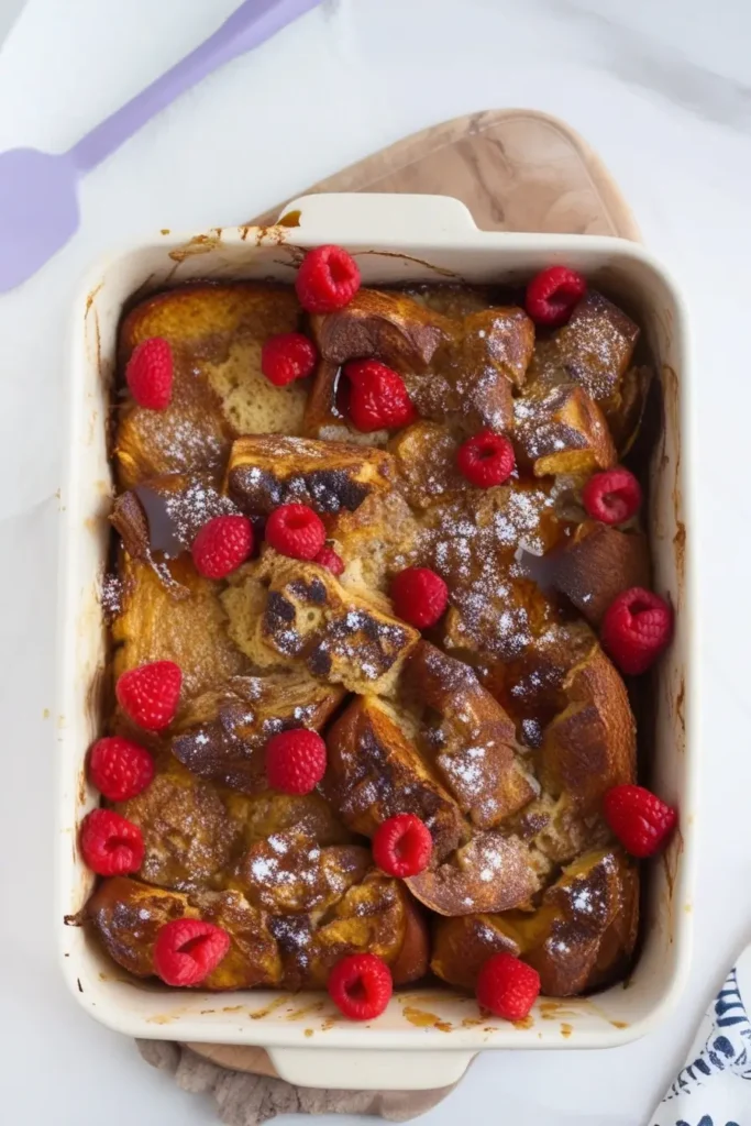 A golden-brown sourdough French toast casserole topped with fresh raspberries and a dusting of powdered sugar