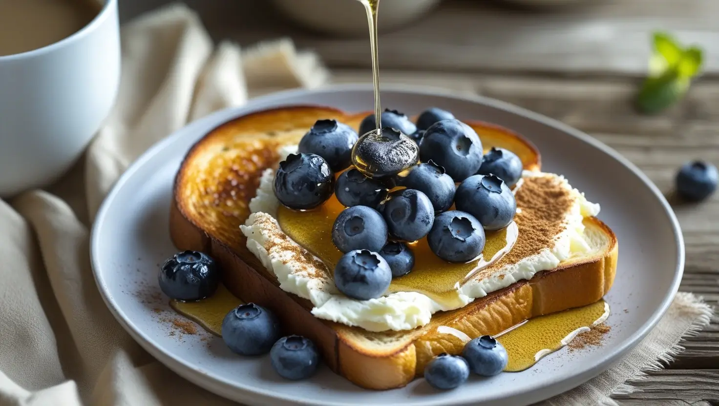 A plate of golden blueberry toast topped with cream cheese, fresh blueberries, a drizzle of honey, and a sprinkle of cinnamon, served on a rustic wooden table with a cozy breakfast setting.