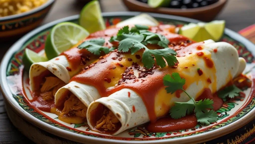 Plate of enchiladas de pollo with chicken, topped with red sauce, cilantro, and lime wedges, served on a colorful Mexican dish.
