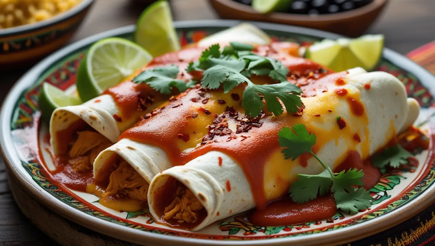 Plate of enchiladas de pollo with chicken, topped with red sauce, cilantro, and lime wedges, served on a colorful Mexican dish.