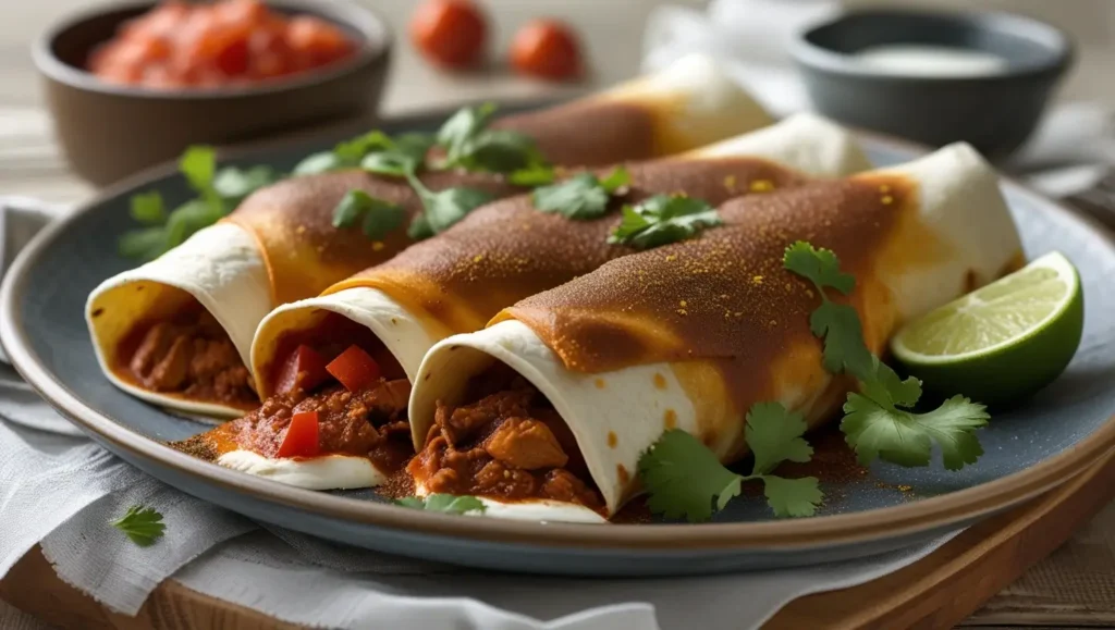 Close-up of three enchiladas filled with chicken and topped with a rich enchilada sauce, garnished with fresh cilantro and lime wedges.