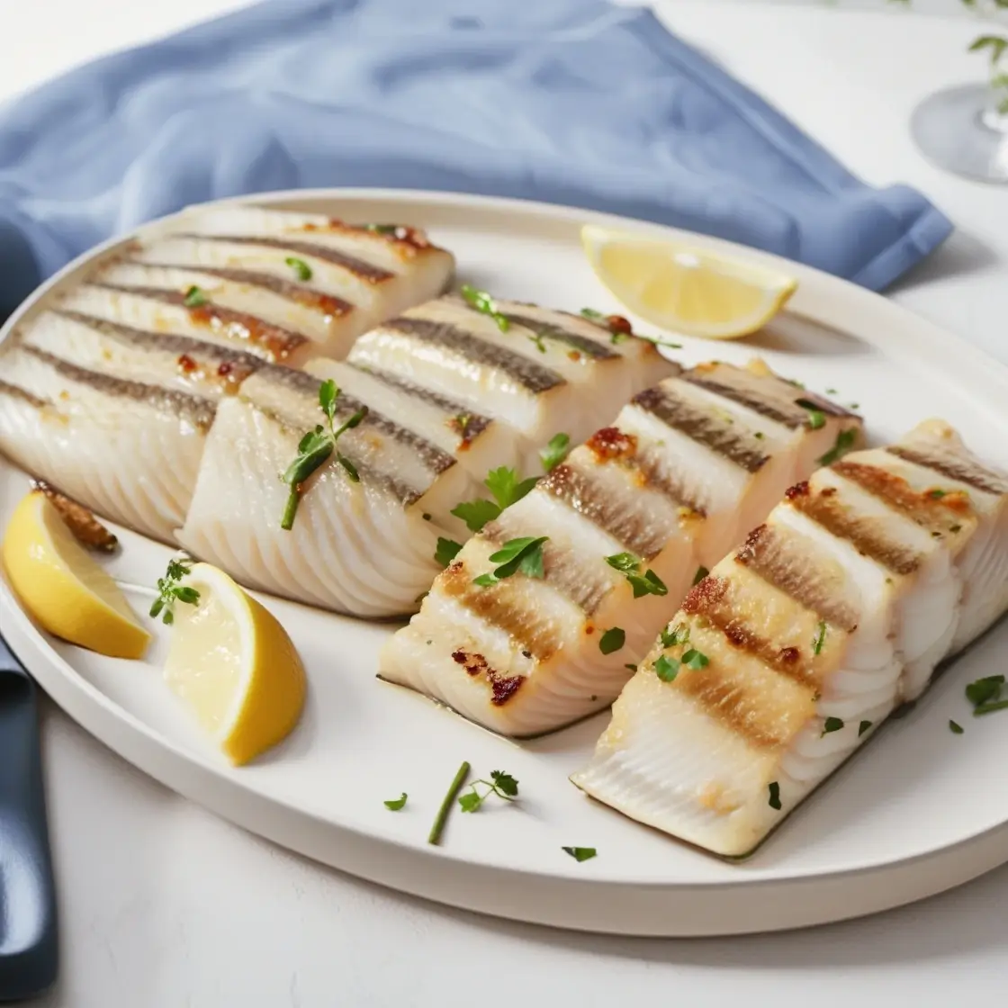 Grilled white fish fillets served on a white plate, garnished with fresh parsley and lemon wedges, with a light blue napkin in the background.