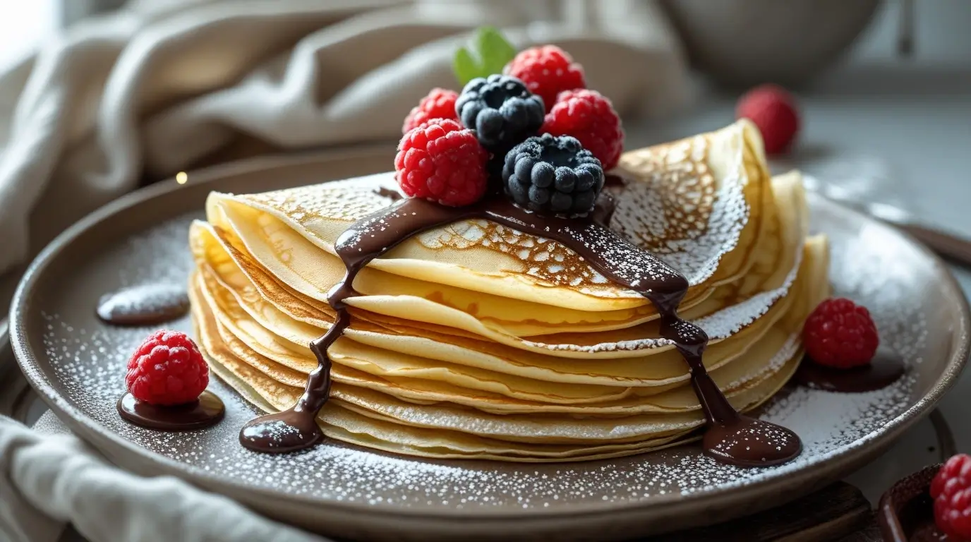 Bisquick crepes stacked on a rustic plate, topped with fresh berries, chocolate sauce, and powdered sugar.