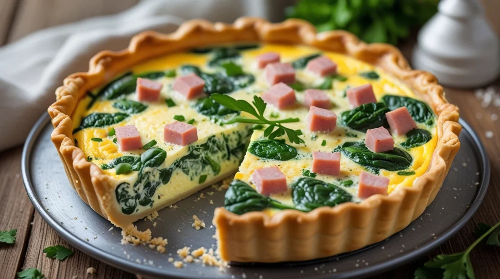 Freshly baked spinach and ham quiche with a golden crust, creamy filling, and vibrant green spinach, served on a rustic wooden table.