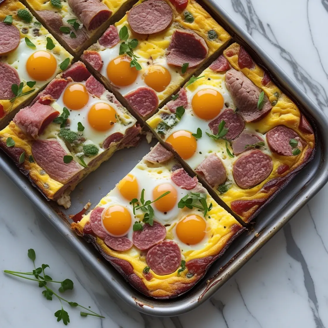 Carnivore egg bake made with eggs, bacon, sausage, and ground beef, baked to perfection on a white marble surface.