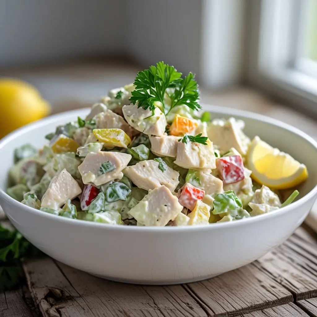 Delicious chicken salad with creamy dressing, chunks of chicken, and colorful vegetables served in a white bowl on a wooden table.