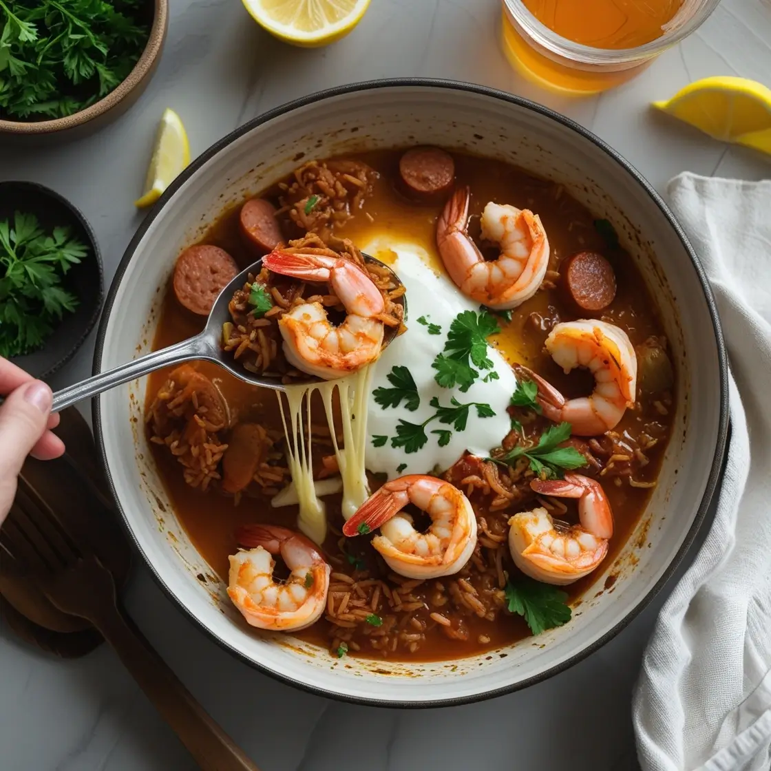 A bowl of shrimp and sausage gumbo topped with fresh parsley and sour cream, with melted cheese being scooped up with a spoon. Lemon wedges, parsley, and a glass of iced tea are in the background.