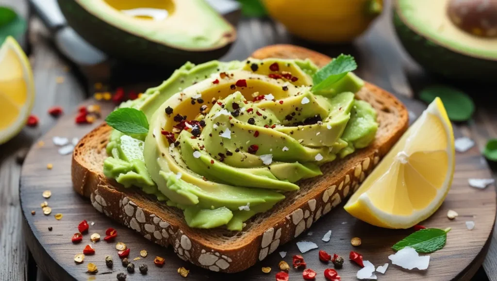 A beautifully seasoned avocado toast topped with fresh avocado, red pepper flakes, and a drizzle of olive oil on toasted bread with lemon wedges on the side.