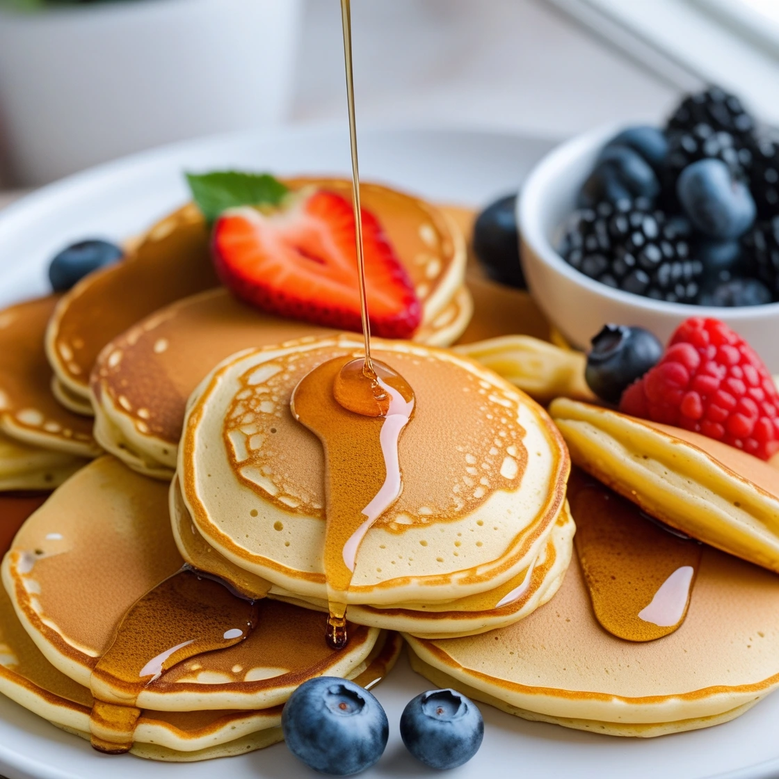 luffy golden pancakes drizzled with maple syrup, served with fresh strawberries, blueberries, blackberries, and raspberries.