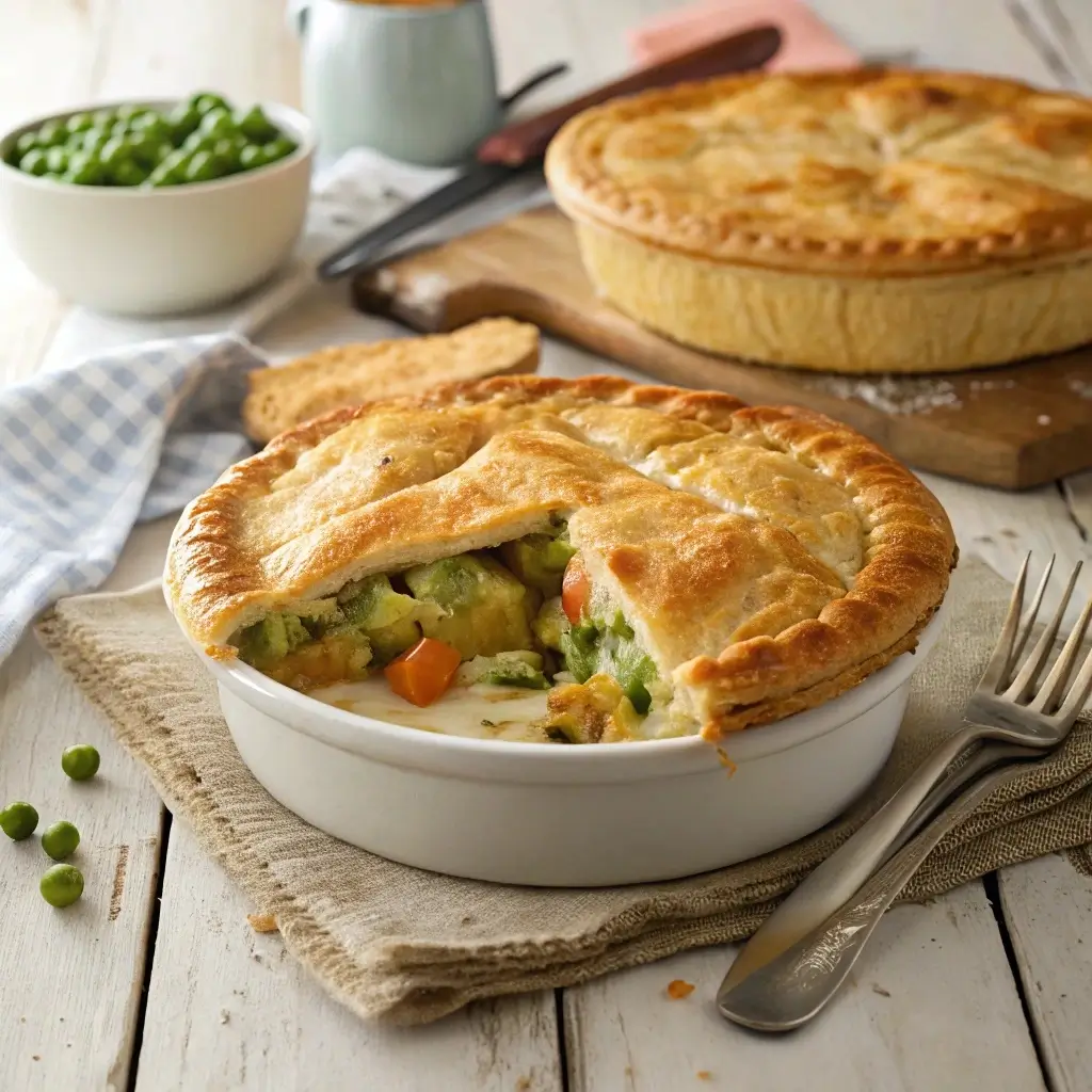 Golden flaky vegetarian pot pie with creamy vegetable filling
