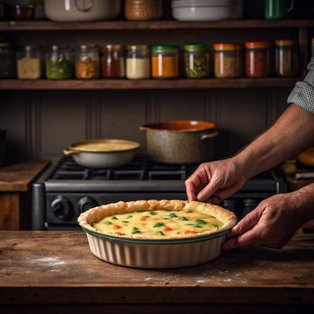 Assembling vegetarian pot pie with creamy veggie filling