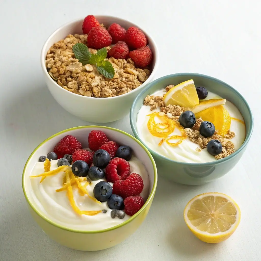 Honey lemon breakfast yogurt variations with toppings