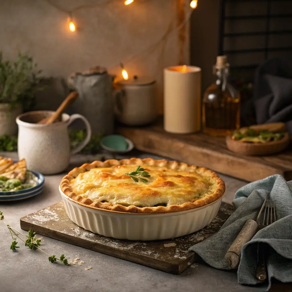 Freshly baked vegetarian pot pie cooling