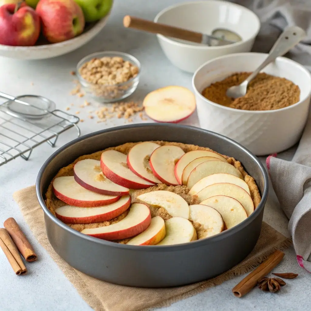 layering fruit for upside-down cake base