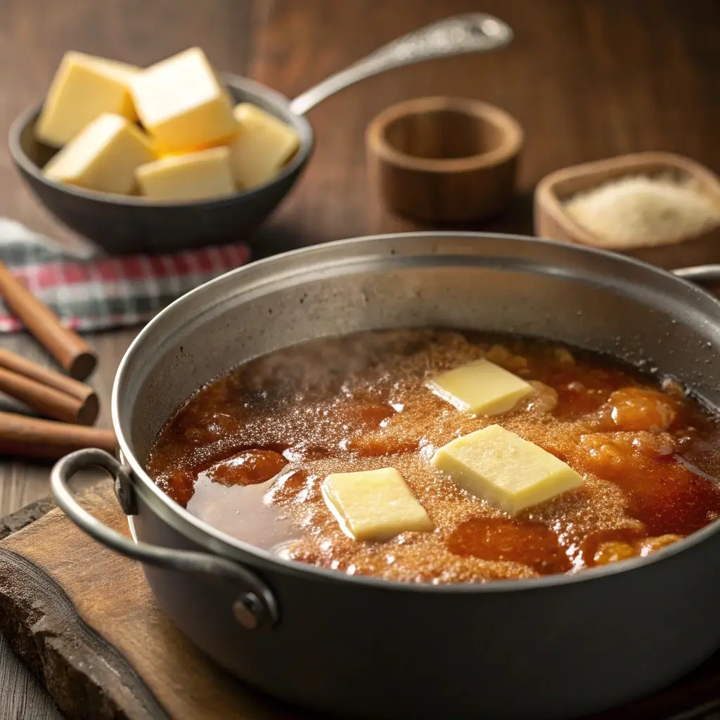 caramel base for peach upside-down cake cooking in pan