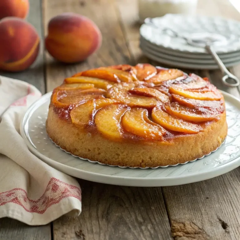 peach upside-down cake on a plate with caramelized peaches