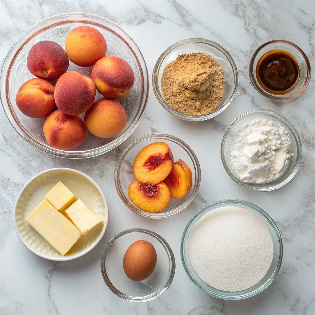 peach upside-down cake ingredients on a countertop
